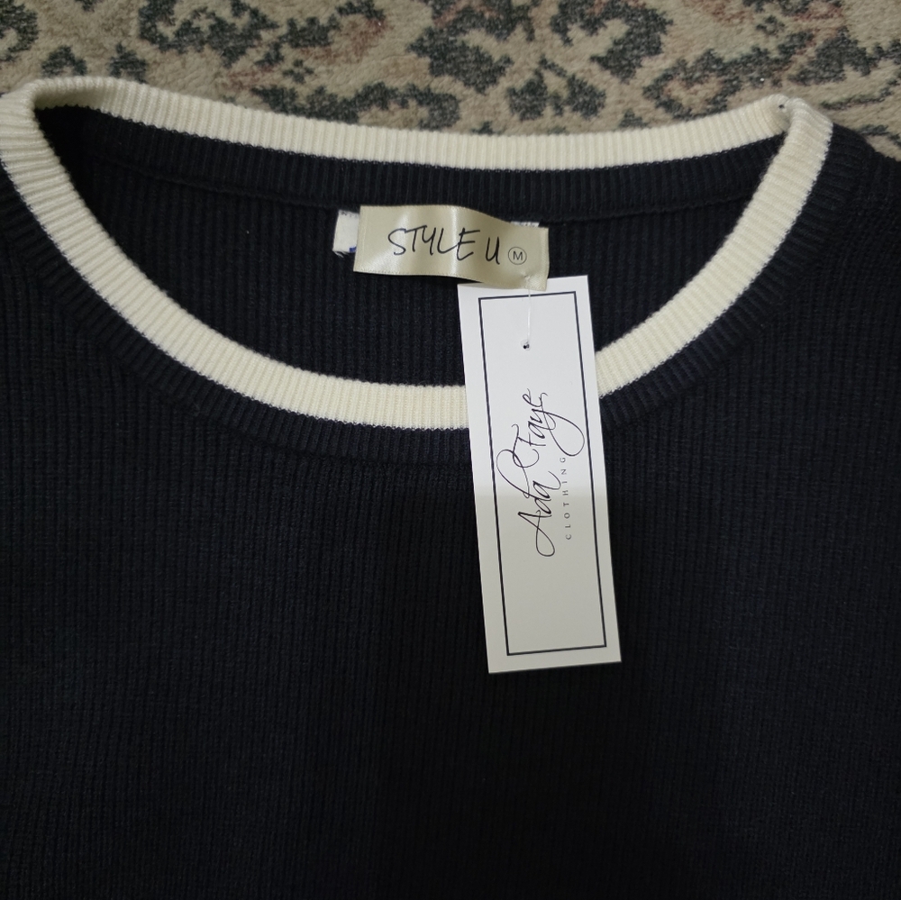 Navy Blue Sweater with White Trim - Picture 2 of 2